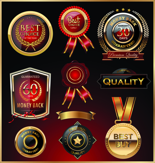 Glass textured quality labels with badge vector 01