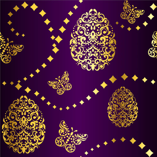 Golden easter pattern and purple background vector 01