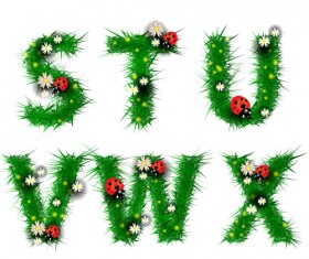 Green leaf alphabet with coccinella and flower vector 01