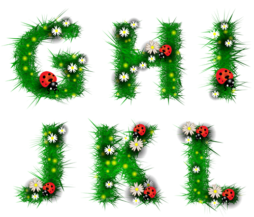 Green leaf alphabet with coccinella and flower vector 03