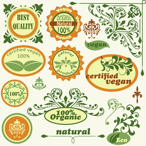 Green natural labels design vector material 01
