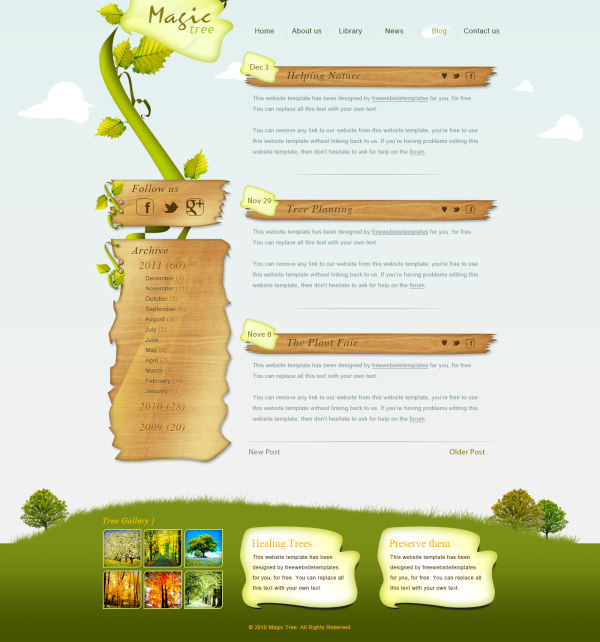 Green tree and wood style psd website template