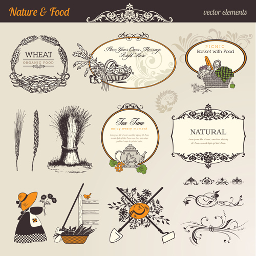 Natural food labels and ornament vector 01