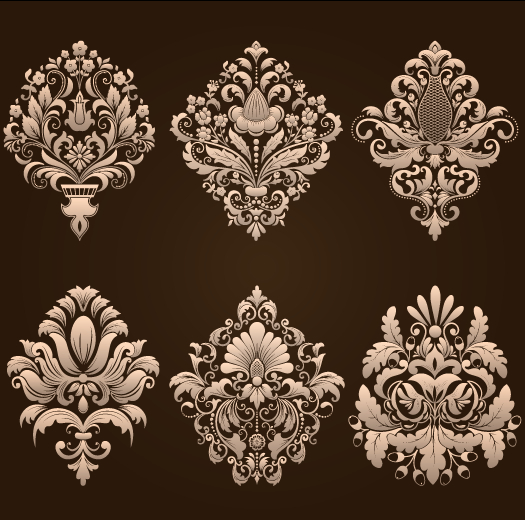 Ornamental floral damask elements vector material 01