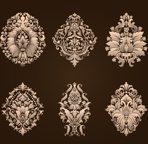 Ornamental floral damask elements vector material 02