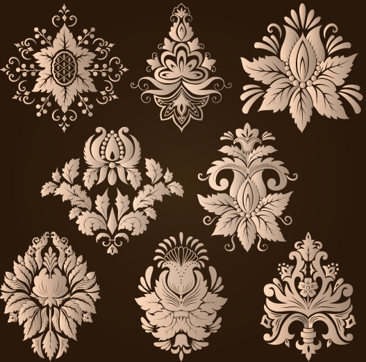 Ornamental floral damask elements vector material 04
