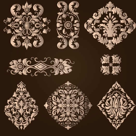 Ornamental floral damask elements vector material 05