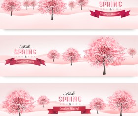 Pink style spring trees banners vector graphics 01