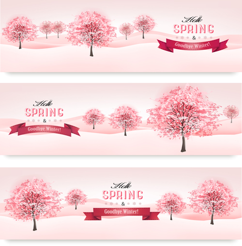 Pink style spring trees banners vector graphics 01