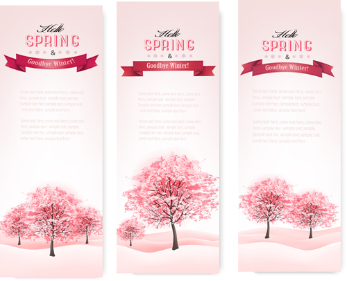 Pink style spring trees banners vector graphics 02