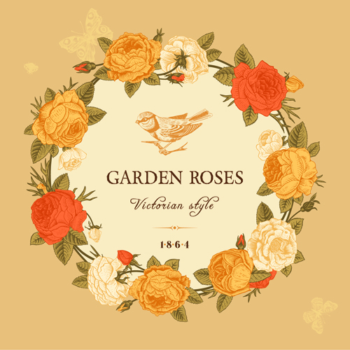 Rose with bird vintage cards vector 01