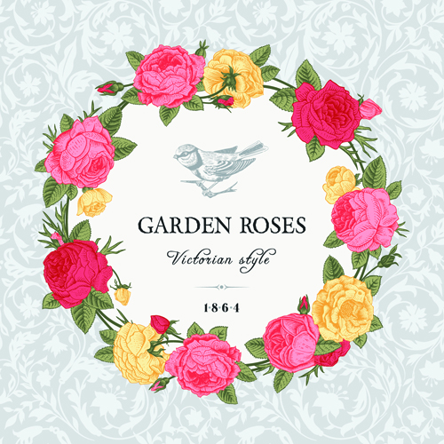 Rose with bird vintage cards vector 02
