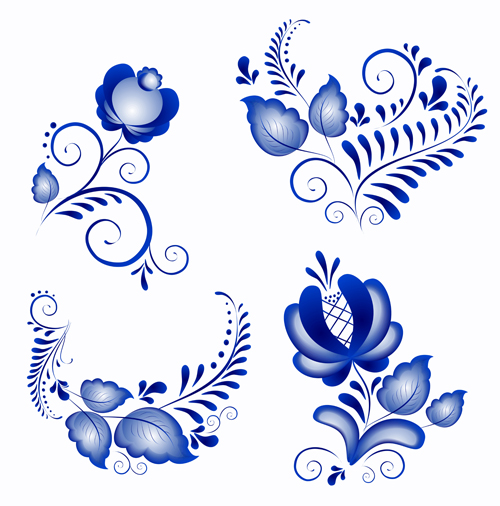 Shiny blue flower ornaments vector material