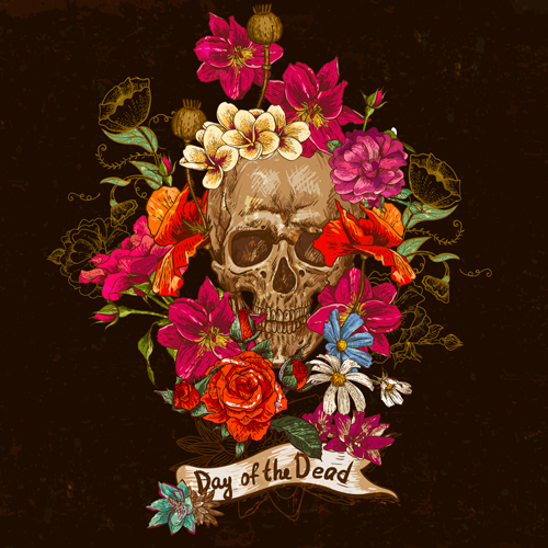 Skull and poppies vector background 02