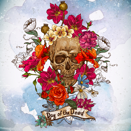 Skull and poppies vector background 03