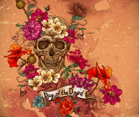 Skull and poppies vector background 04