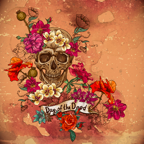 Skull and poppies vector background 04