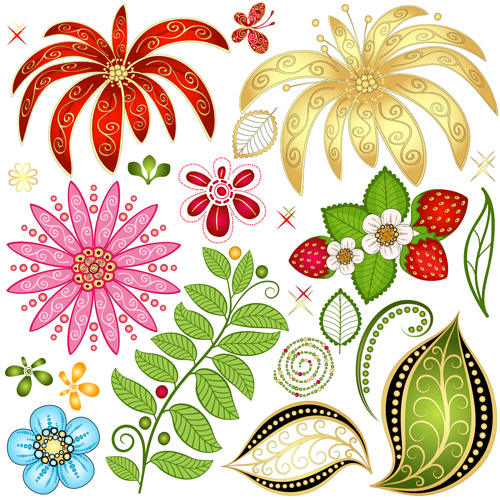 Strawberries and flower with leaf pattern vector
