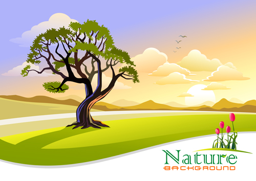 Tree and natural scenery vector background 02 free download