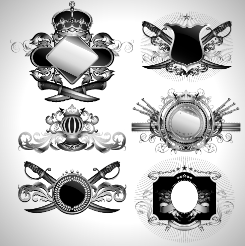 Vintage black and white badge with heraldry vector set 09