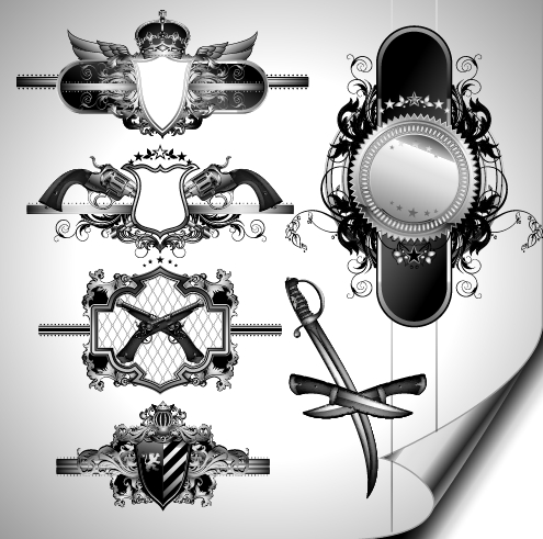 Vintage black and white badge with heraldry vector set 10