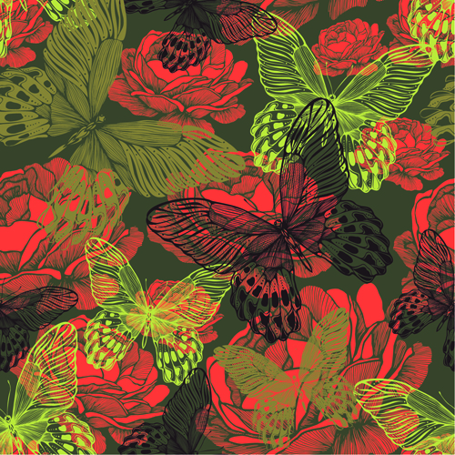 Vintage flower with butterfly seamless pattern vector 02