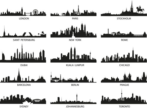World famous cities silhouettes vector set 02