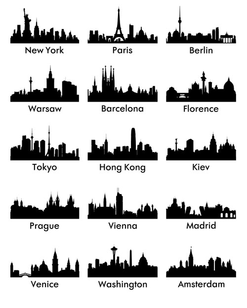 World famous cities silhouettes vector set 03