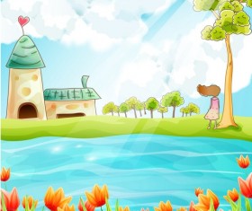 Beautiful cartoon spring scenery vector graphics 02