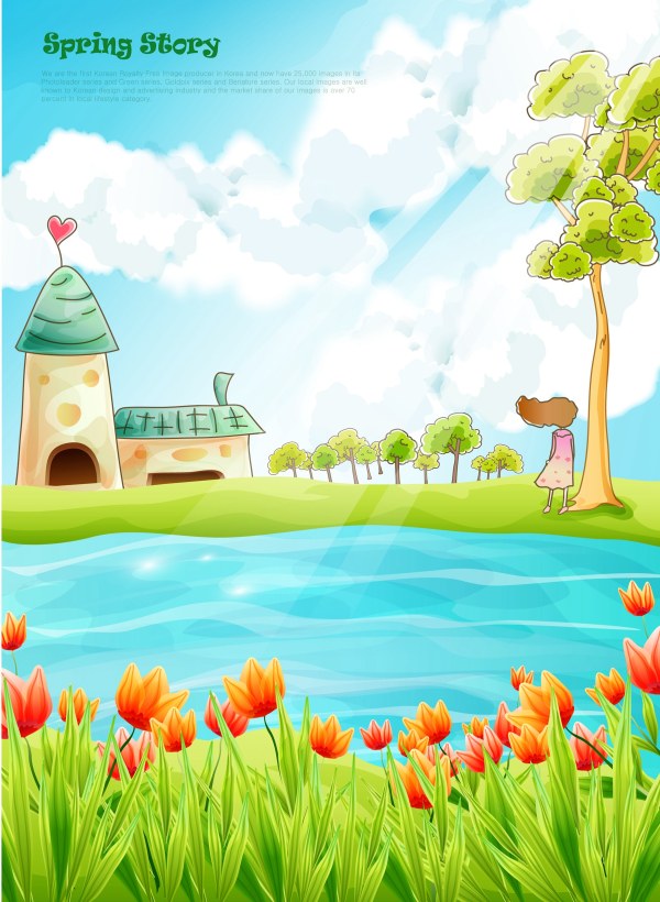 Beautiful cartoon spring scenery vector graphics 02