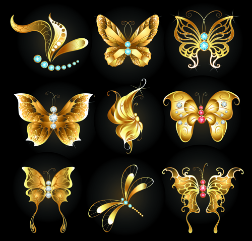 Diamond and golden butterflies vector material