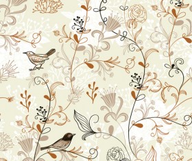 Elegant hand drawn birds with flower vector pattern