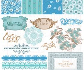 Flower pattern and labels with border design elements vector 01