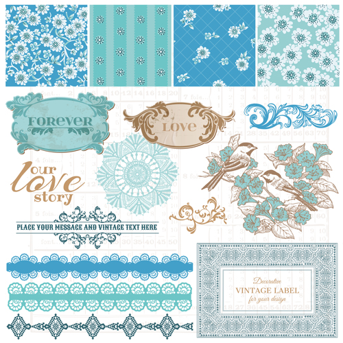 Flower pattern and labels with border design elements vector 01