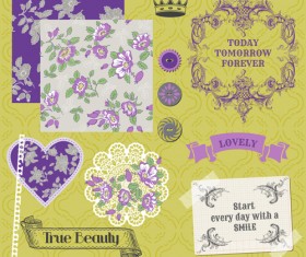 Flower pattern and labels with border design elements vector 02