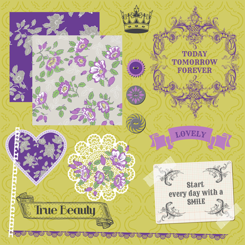 Flower pattern and labels with border design elements vector 02