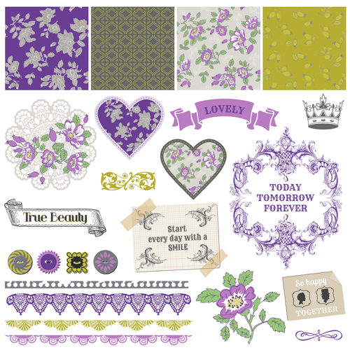 Flower pattern and labels with border design elements vector 03
