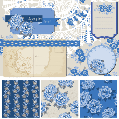 Flower pattern and labels with border design elements vector 04