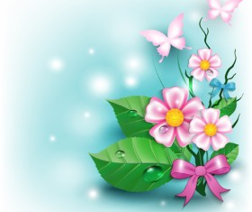 Flowers and butterflies with bow background vector 02