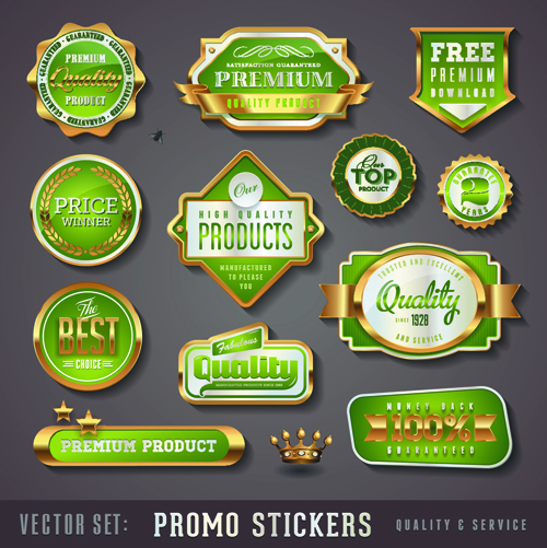 Golden promo stickers labels vector set 02