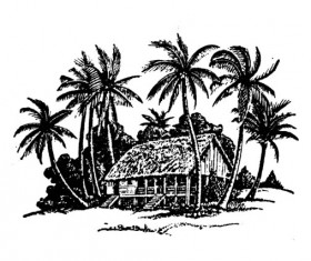 Hand drawing coconut tree and house vector