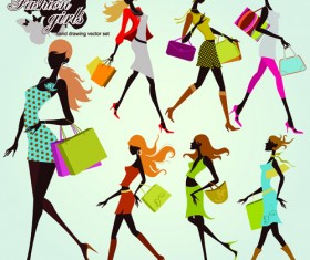Hand drawing shopping girls vector set 02