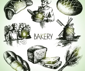 Hand drawn bakery elements icons vector