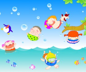 Happy kids with marine vector graphics