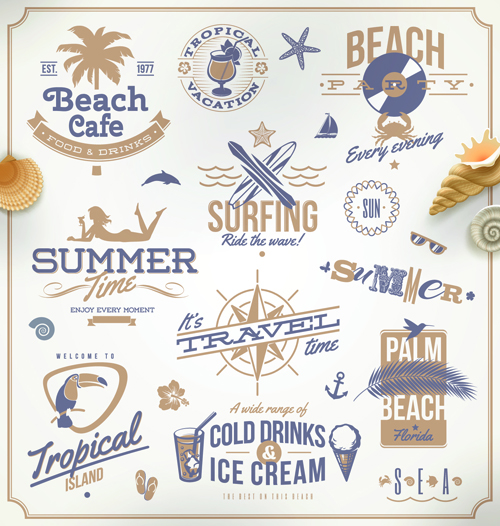Happy summer holiday travel logos and labels vector 01
