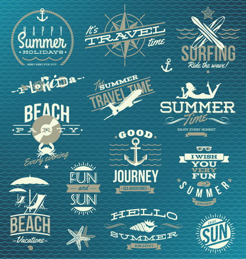 Happy summer holiday travel logos and labels vector 04