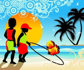 Palm trees with boys travel background vector