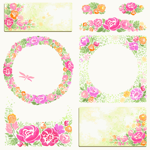 Pink flower frame and cards vector material