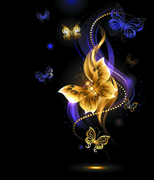 Purple and golden butterflies vector background