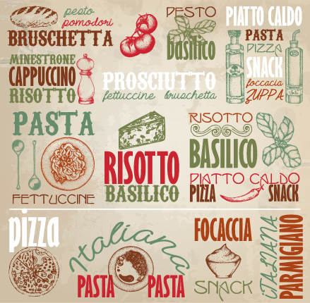 Retro food with pizza logos elements vector 01